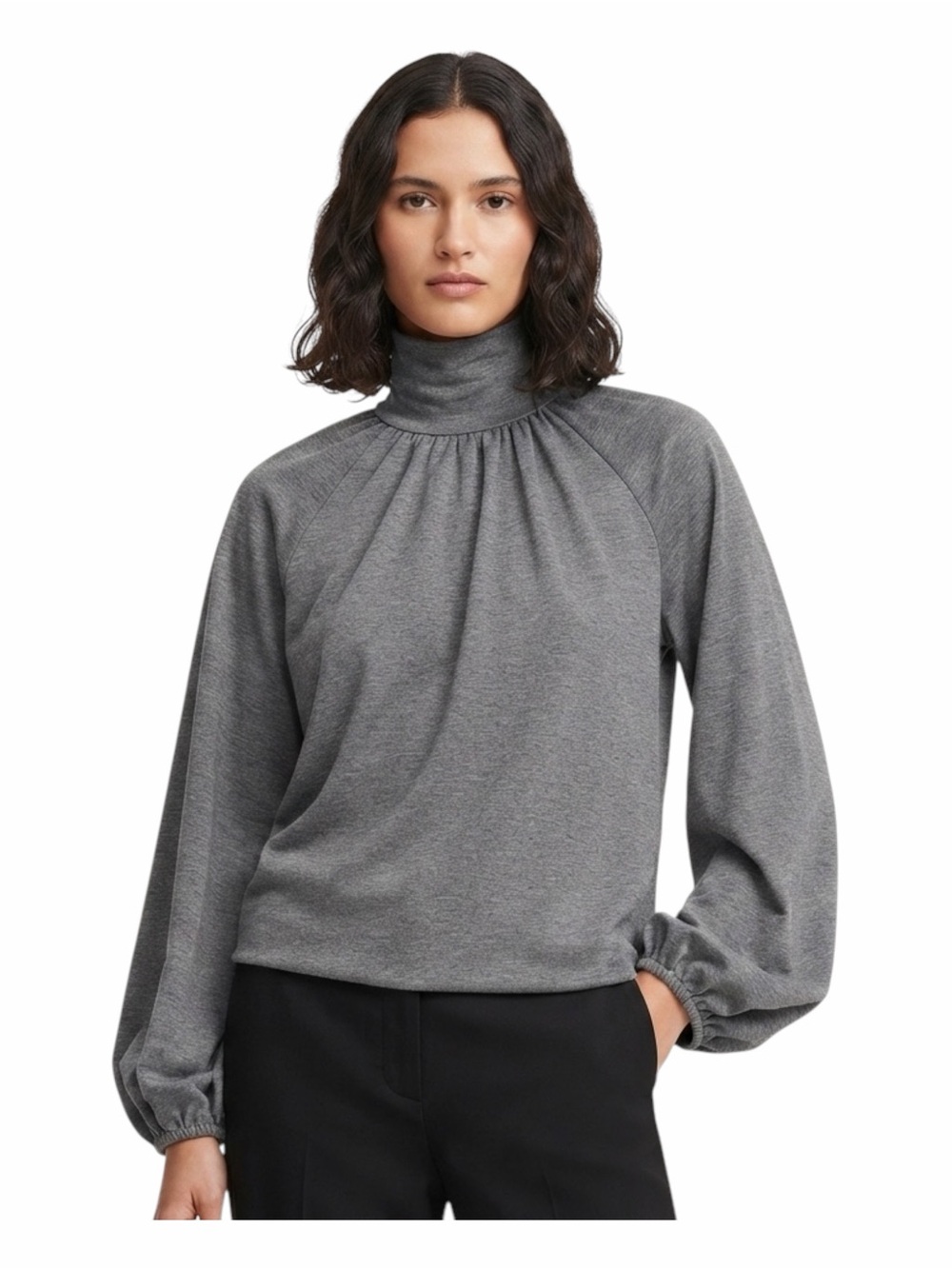 Toccin NY Gray Baby-Doll Turtleneck Blouse Mock Neck Blouson Sleeve Size Medium